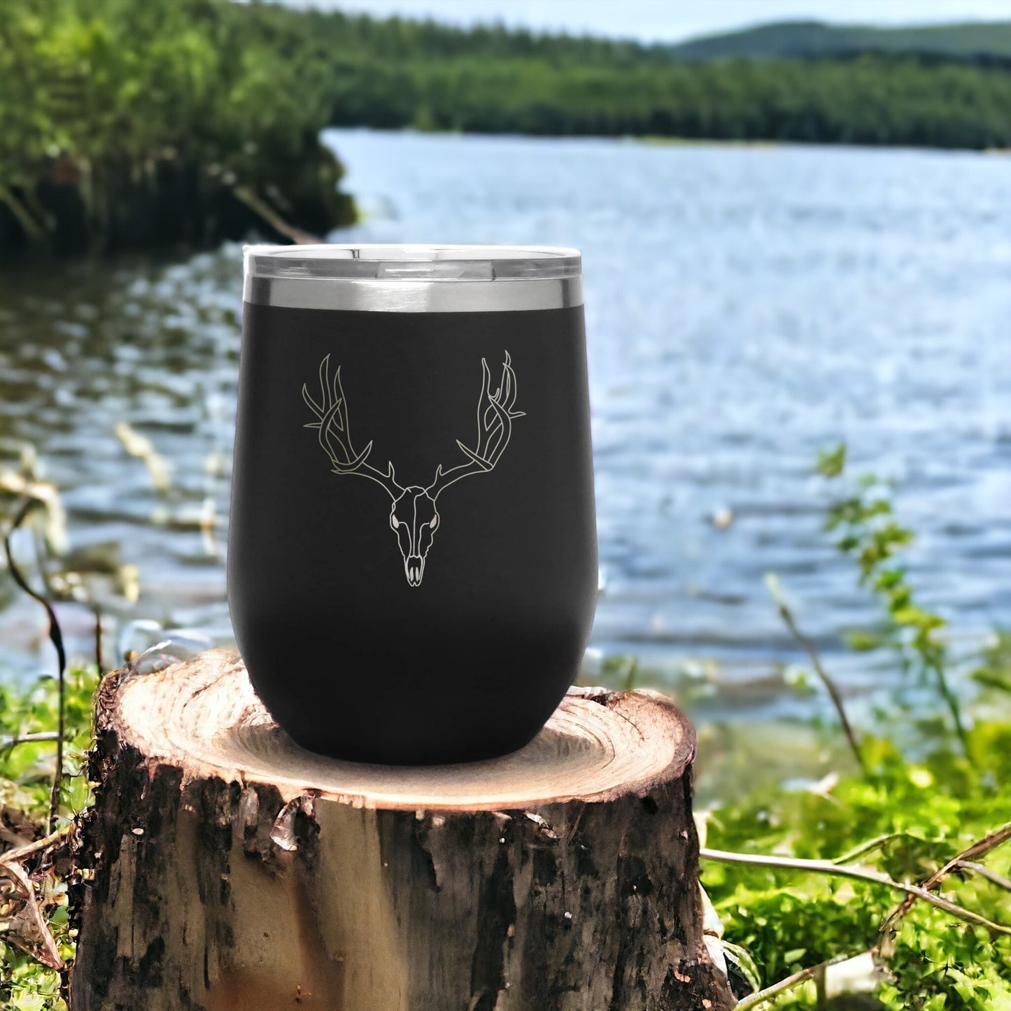 Deer Skull and Antlers 12 oz Insulated Stemless Wine Tumbler Stainless Steel
