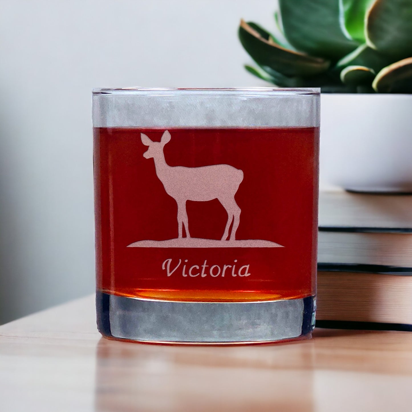 Personalized Deer Doe Whisky Glass - Copyright Hues in Glass