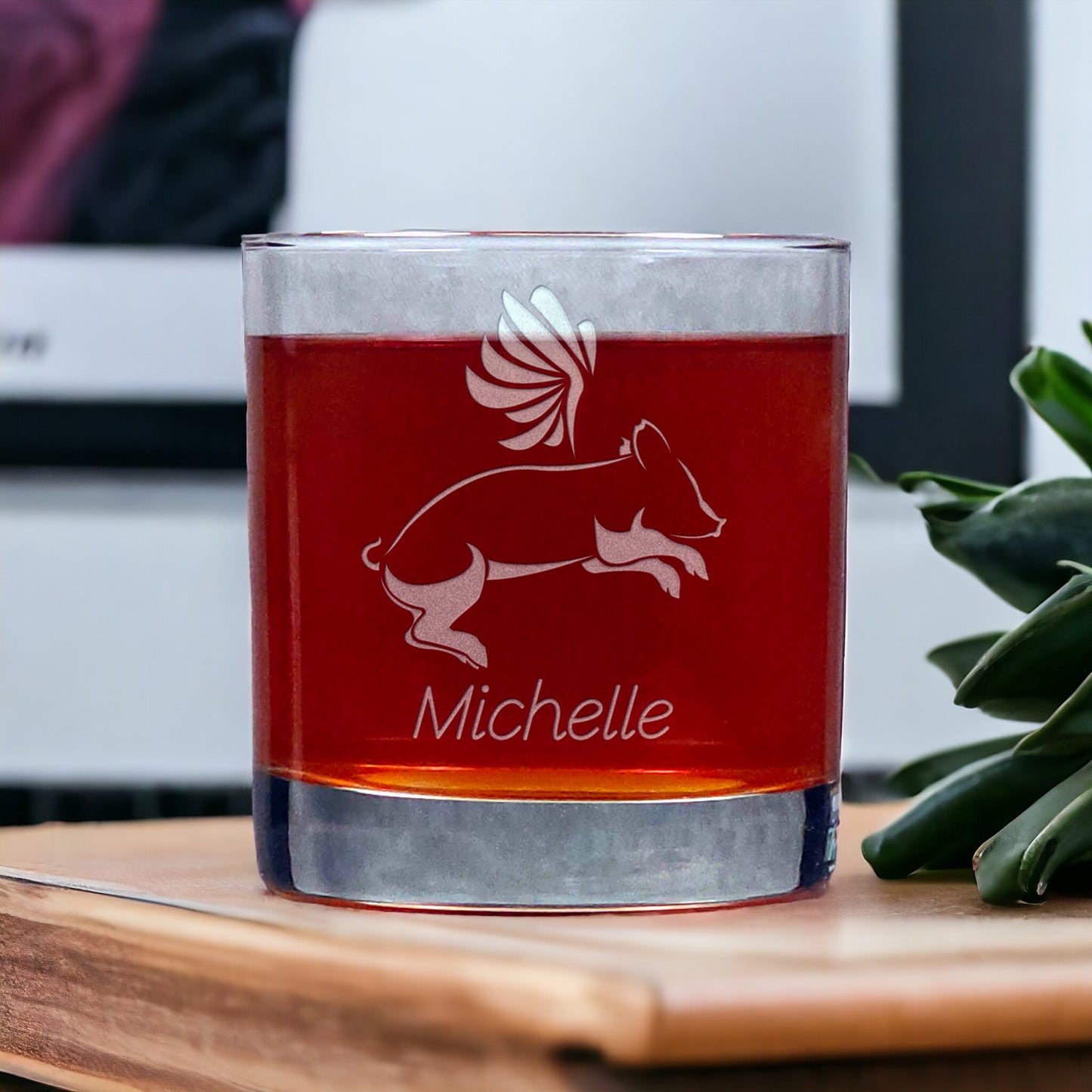 Personalized Flying Pig 11oz Whisky Glass - Design 2 - Copyright Hues in Glass