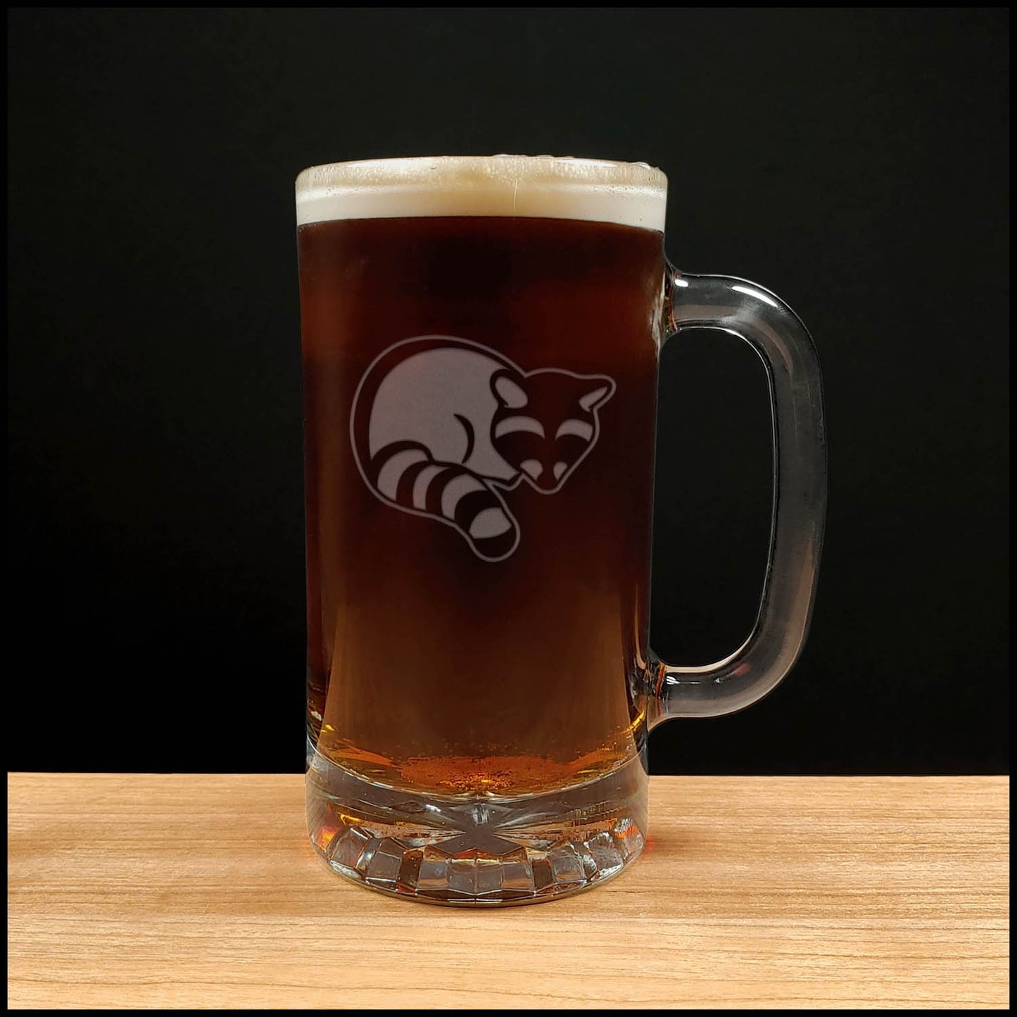 Raccoon 16oz Beer Mug - Design 8 - Copyright Hues in Glass