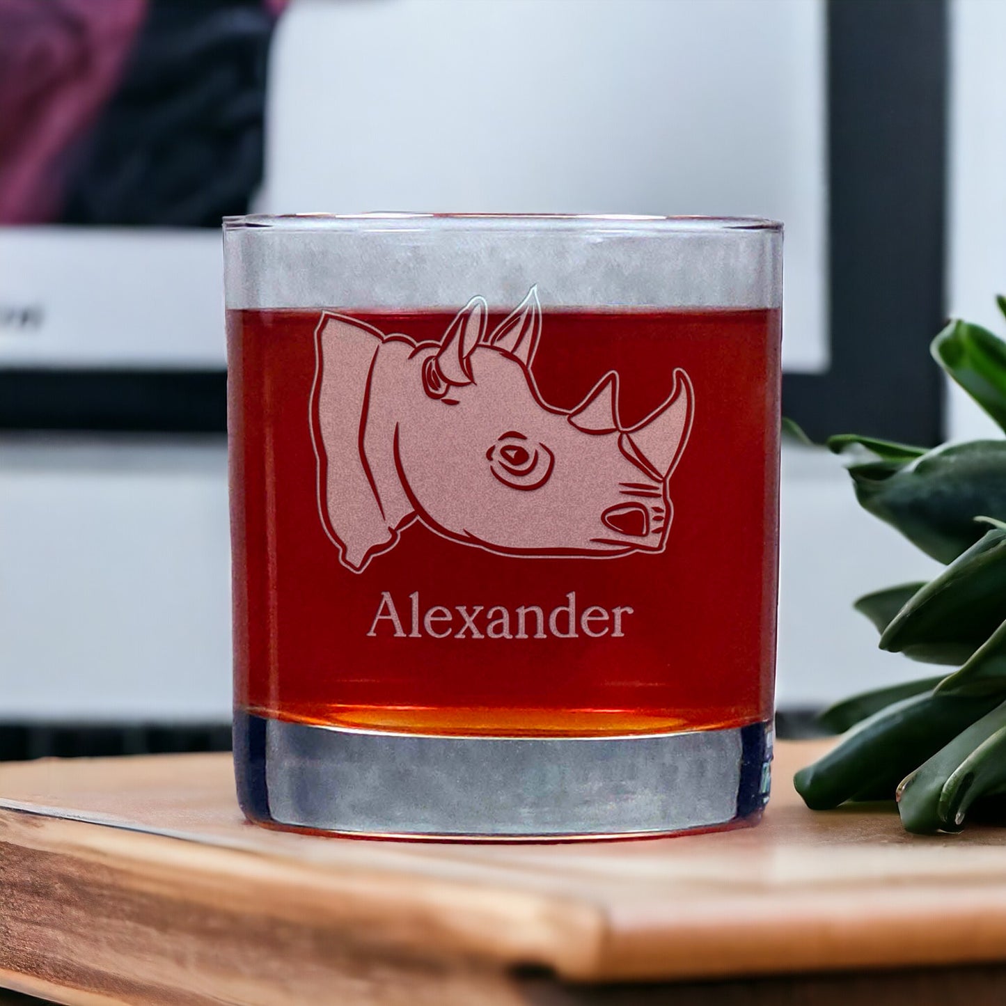 Personalized Rhinoceros Head 11oz Whisky Glass - Design 2 - Copyright Hues in Glass