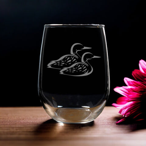 Pair of Loons Stemless Wine Glass - copyright Hues in Glass