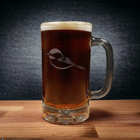 Chickadee Beer Mug - Dark Beer - Copyright Hues in Glass