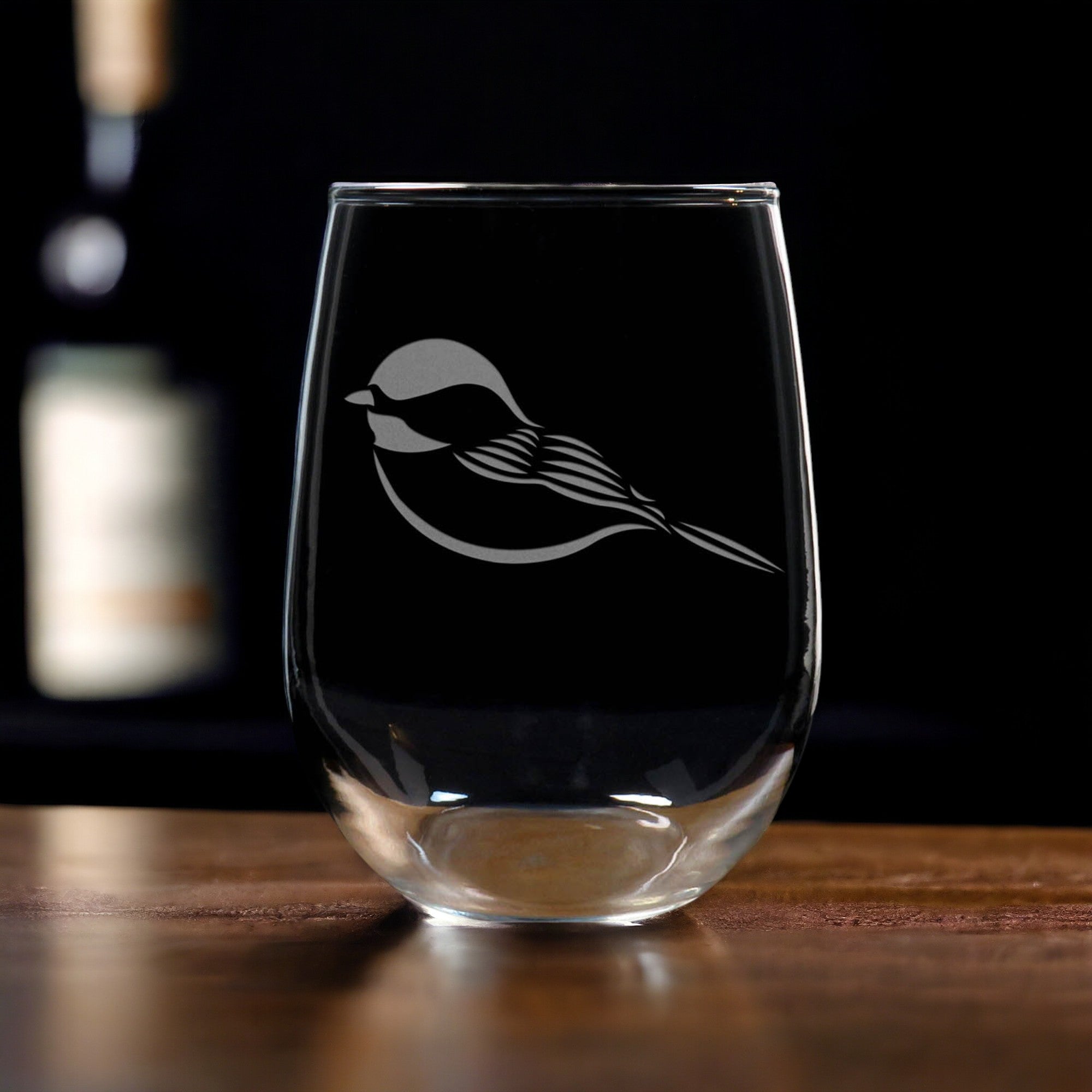 Chickadee Engraved 17oz Stemless Wine Glass - Bird Lovers Personalized Gift