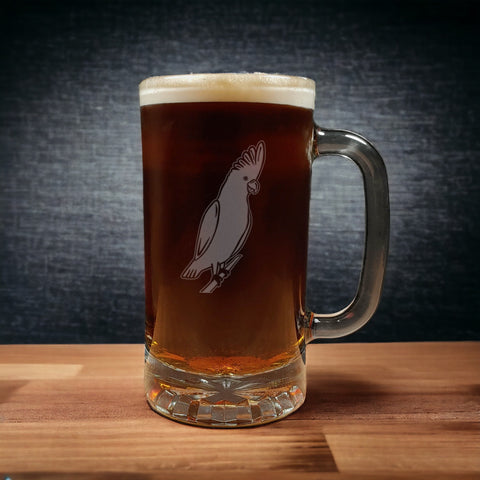 Beer Mug with Cockatoo Design - Dark Beer - Copyright Hues in Glass