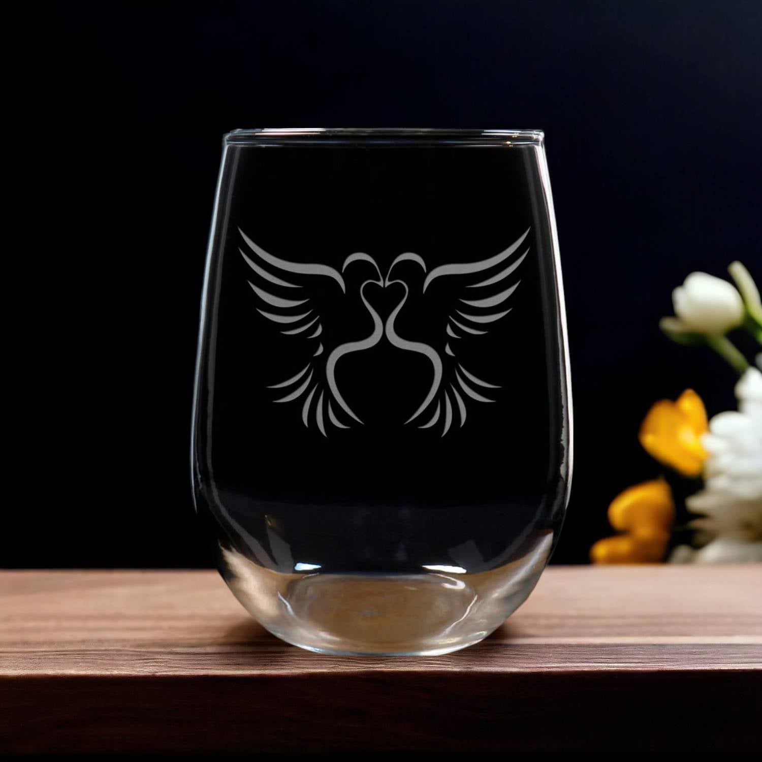 Stemless  wine Glass etched with kissing doves - Copyright Hues in Glass