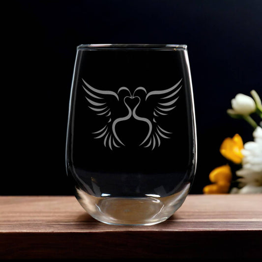 Stemless  wine Glass etched with kissing doves - Copyright Hues in Glass