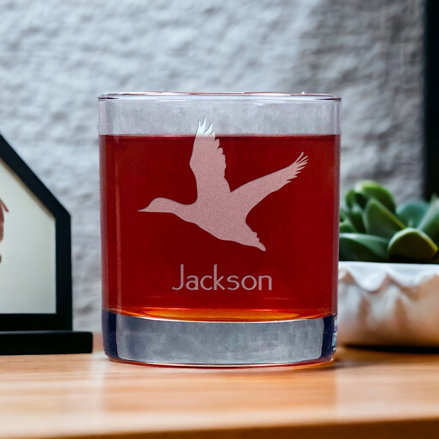 Personalized Flying Duck Whisky Glass - Copyright Hues in Glass