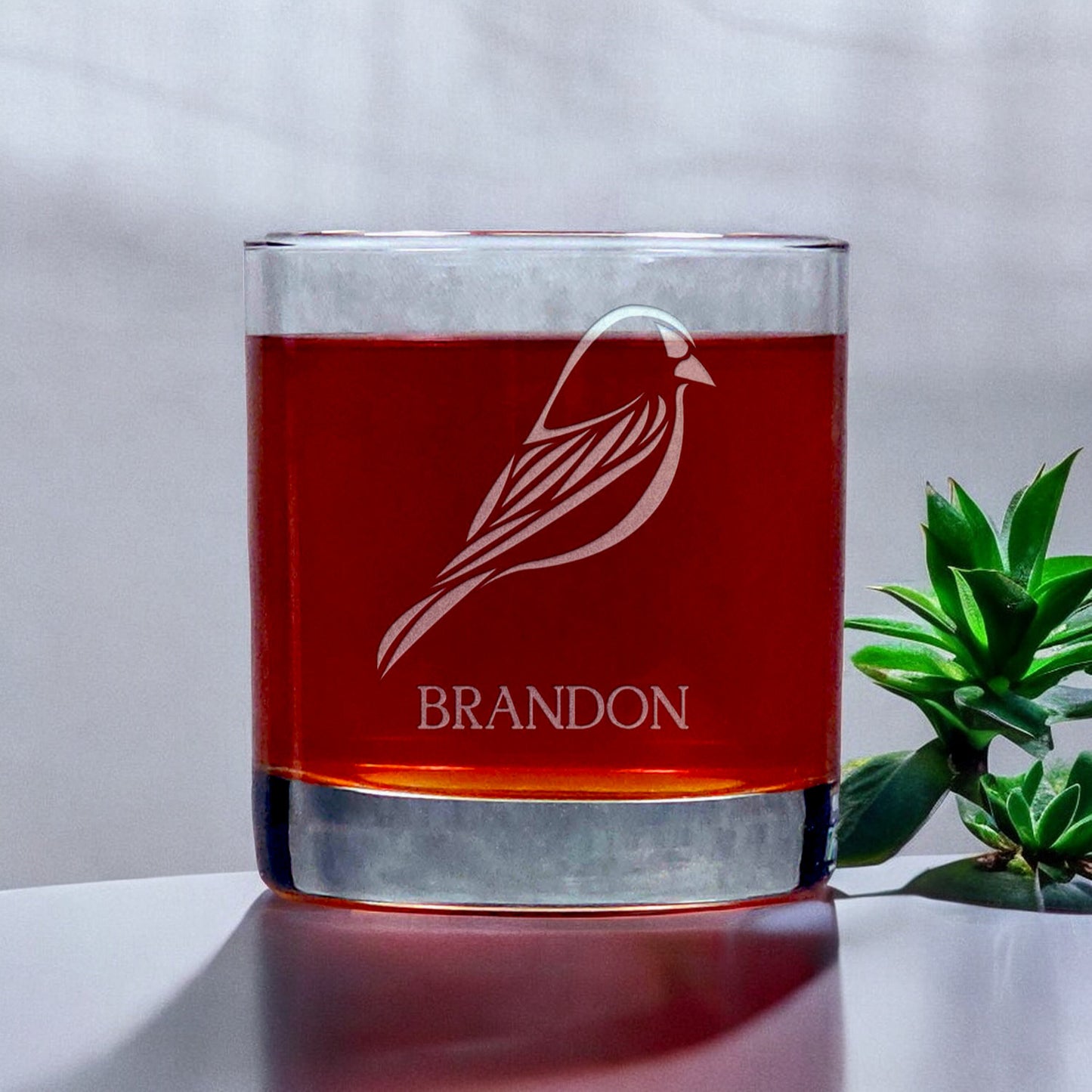 Personalized Finch Silhouette Whisky Glass - Copyright Hues in Glass