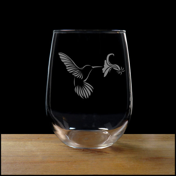 Hummingbird and Flower 17oz Stemless Wine Glass - Deeply Etched Personalized Gift