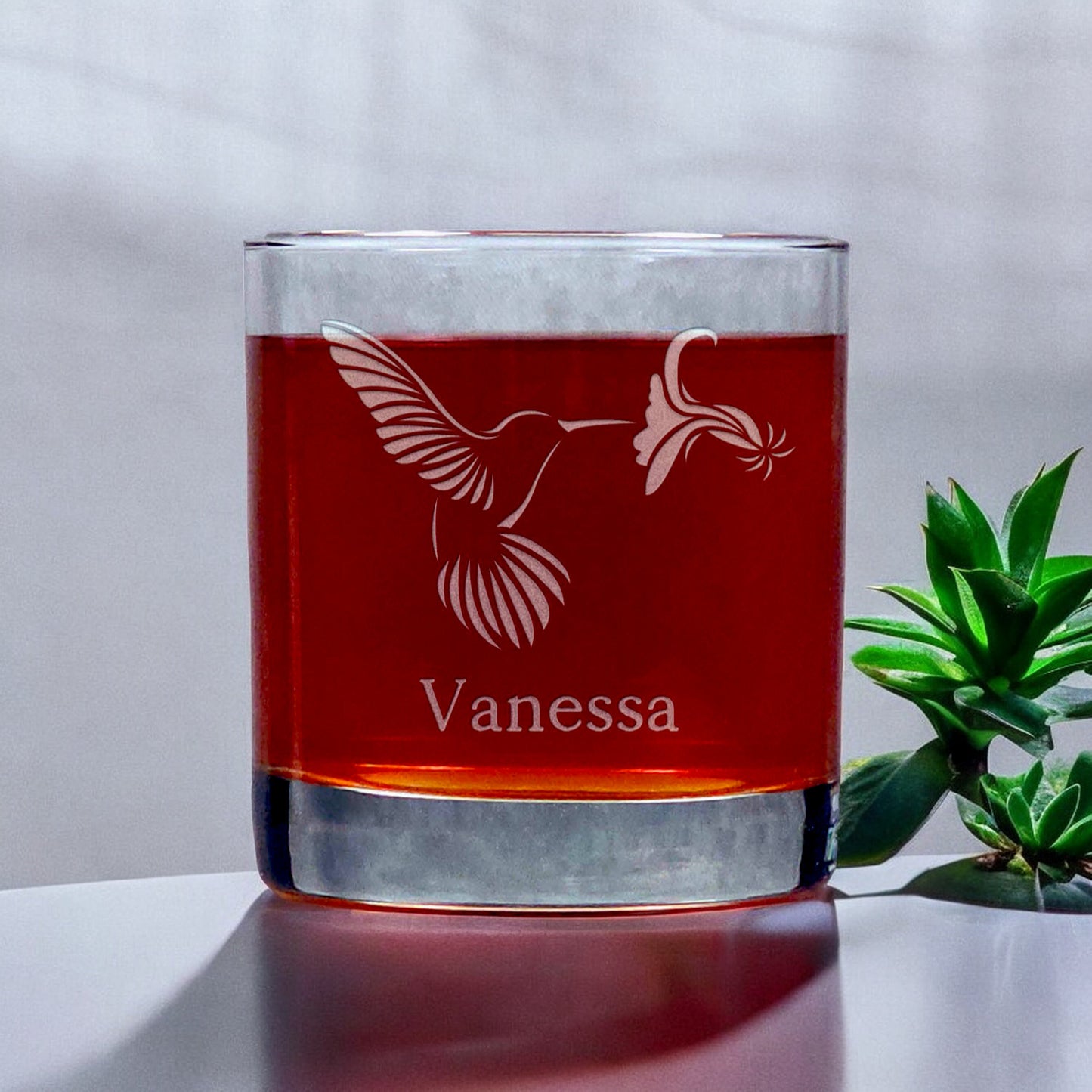 Personalized Hummingbird and Flower Whisky Glass - Copyright Hues in Glass