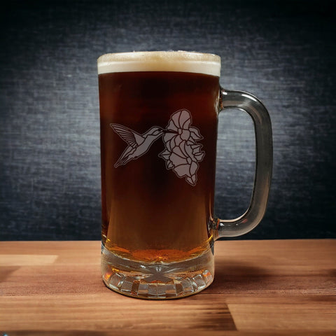 Hummingbird and Hibiscus Beer Mug - Design 4 - Dark Beer - Copyright Hues in Glass