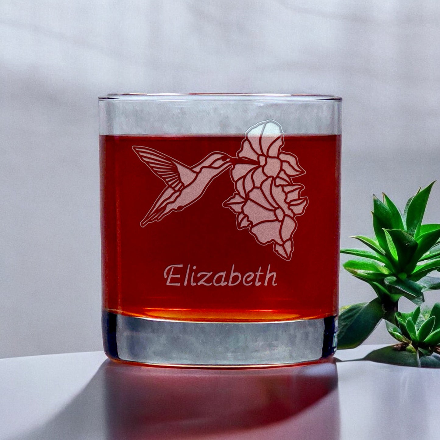 Personalized Hummingbird and Hibiscus Whisky Glass - Copyright Hues in Glass