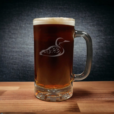 Swimming Loon Design on a 16oz Beer Mug - with a Dark Beer - Copyright Hues in Glass