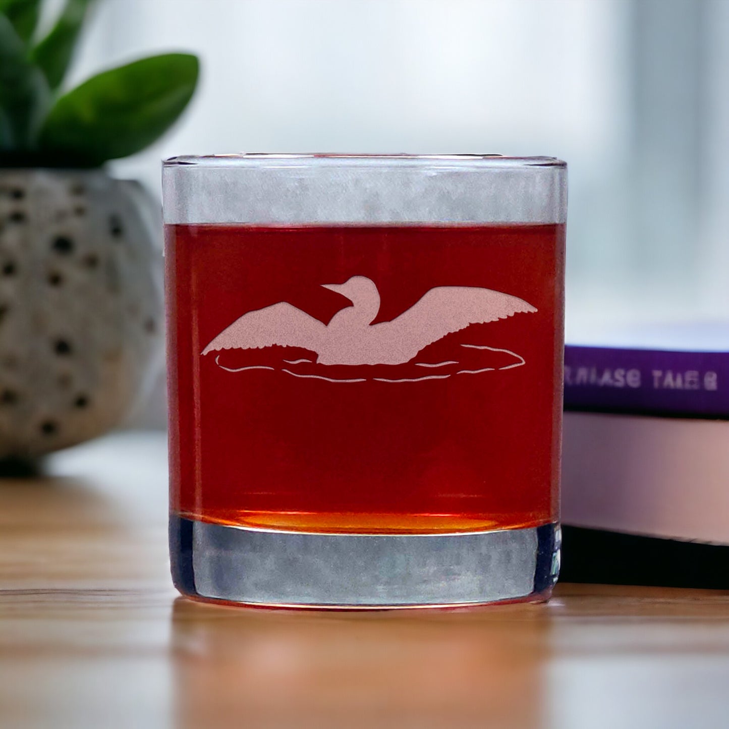 Whisky Glass with Loon Sillhouette - Copyright Hues in Glass