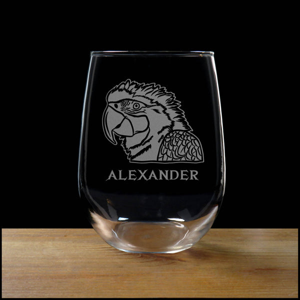 Macaw Parrot Bird Stemless Wine Glass with name underneath - copyright Hues in Glass