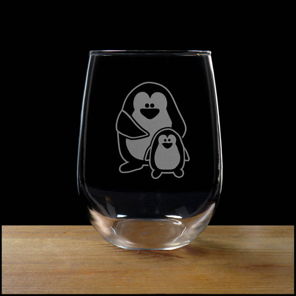 Cute Penguin and Baby Stemless Wine Glass - copyright Hues in Glass