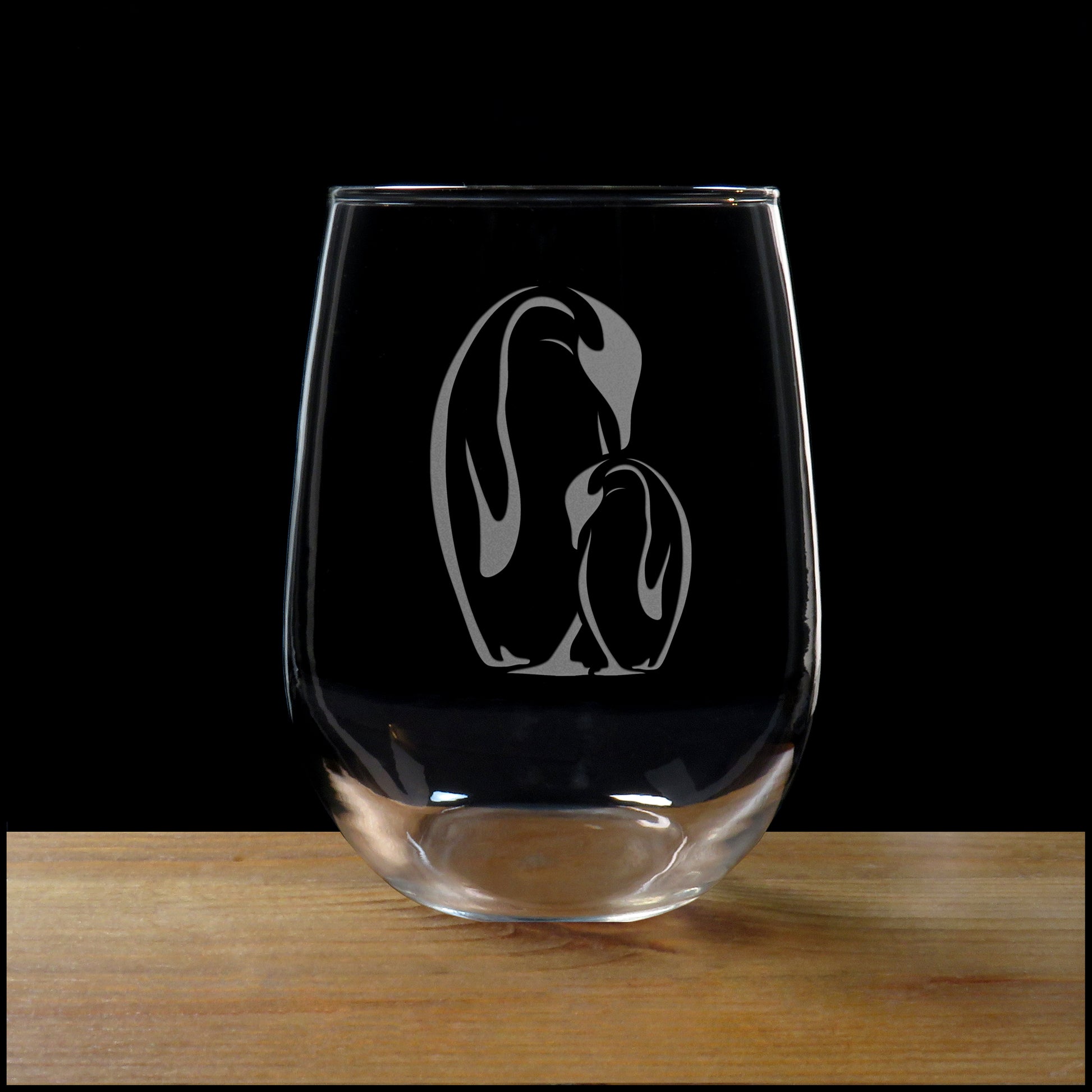 Penguin and Baby Stemless Wine Glass - New Mom Gift - copyright Hues in Glass