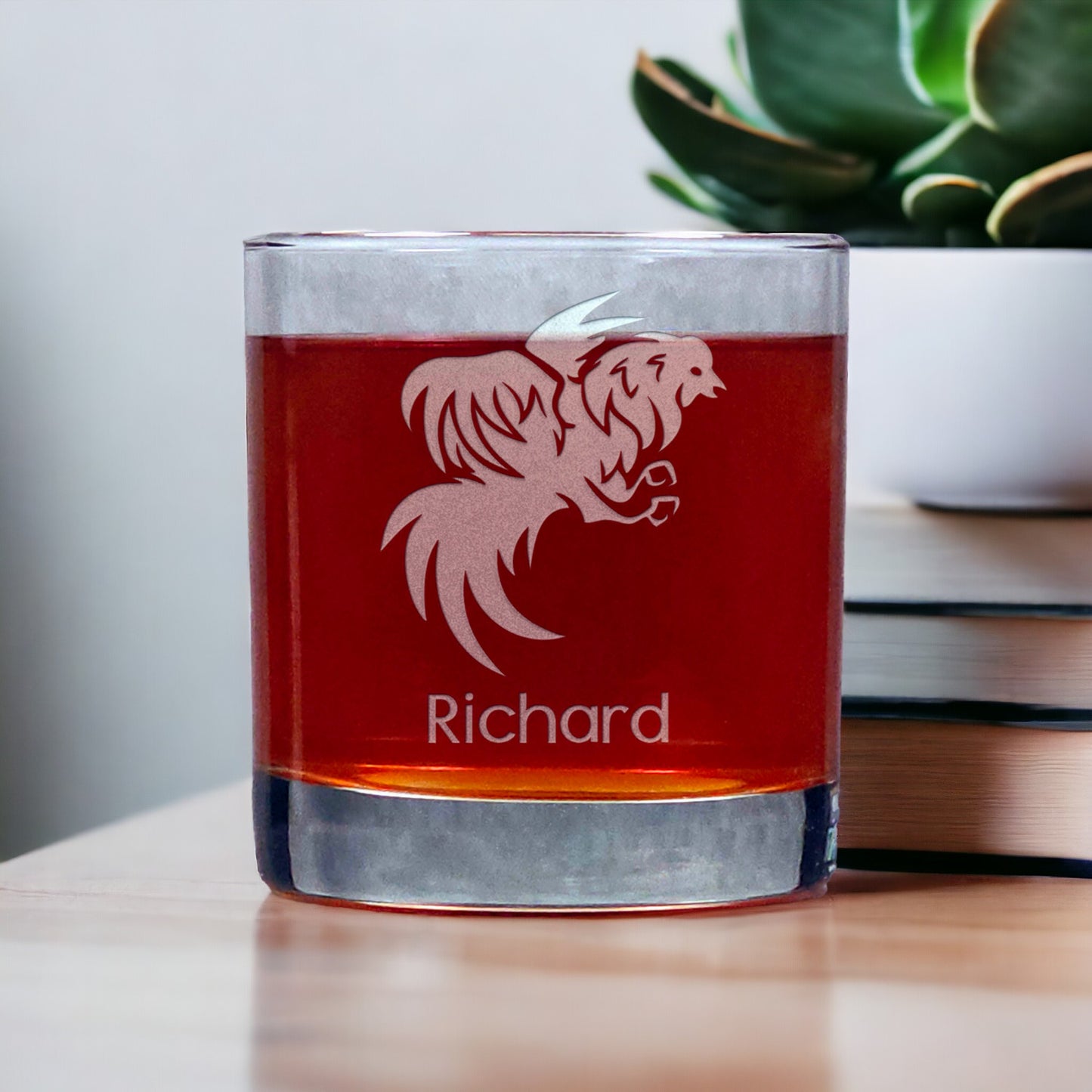 Personalized Rooster 11oz Whisky Glass - Design 3 - Copyright Hues in Glass