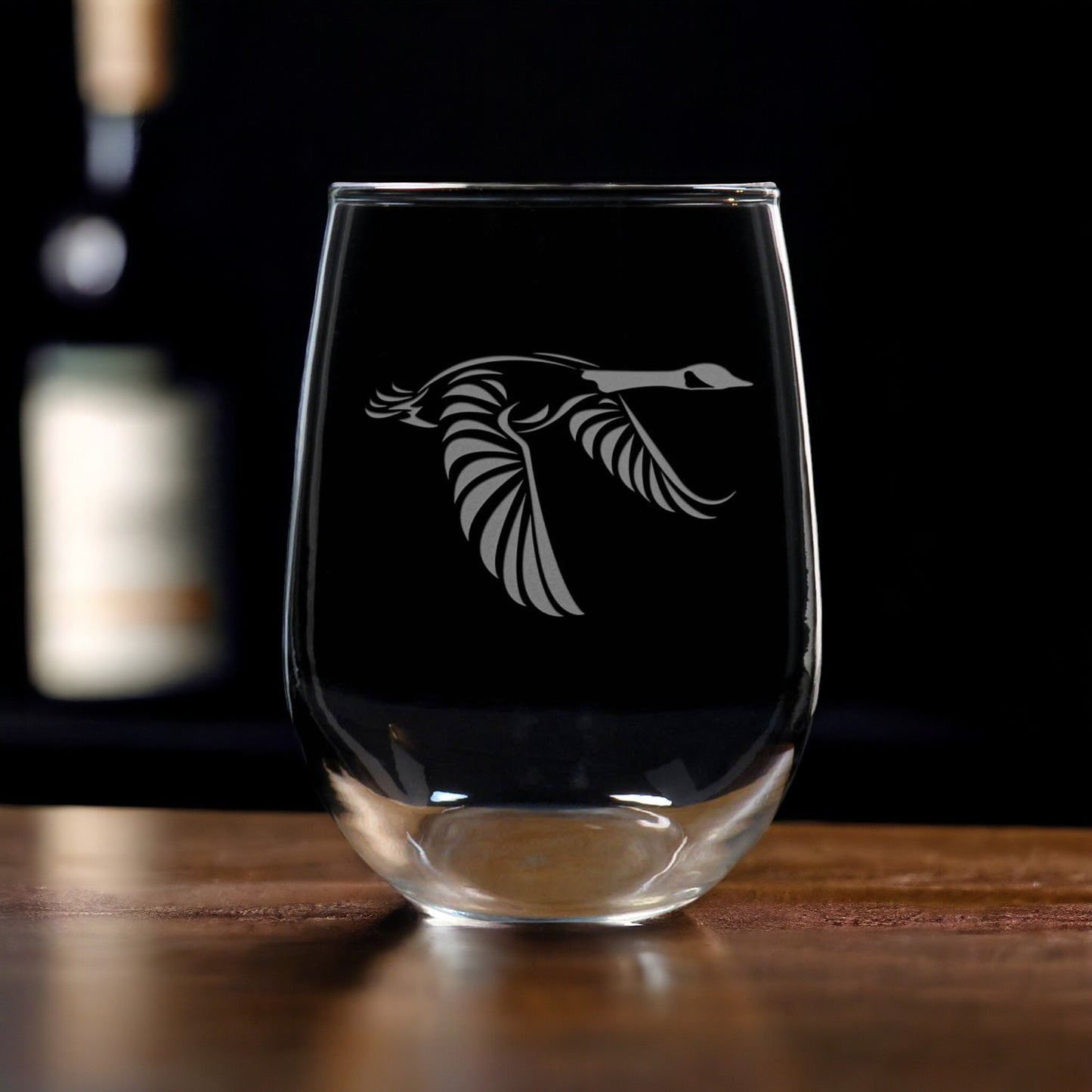 Canada Goose Stemless  Wine Glass etched with Canada Goose - Copyright Hues in Glass
