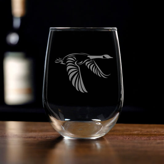 Canada Goose Stemless  Wine Glass etched with Canada Goose - Copyright Hues in Glass