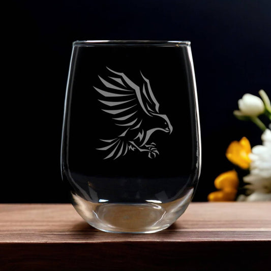 Stemless  wine Glass etched with an eagle - Copyright Hues in Glass