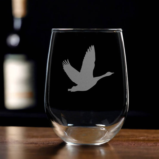 Flying Goose Stemless  Wine Glass etched with Canada Goose - Copyright Hues in Glass