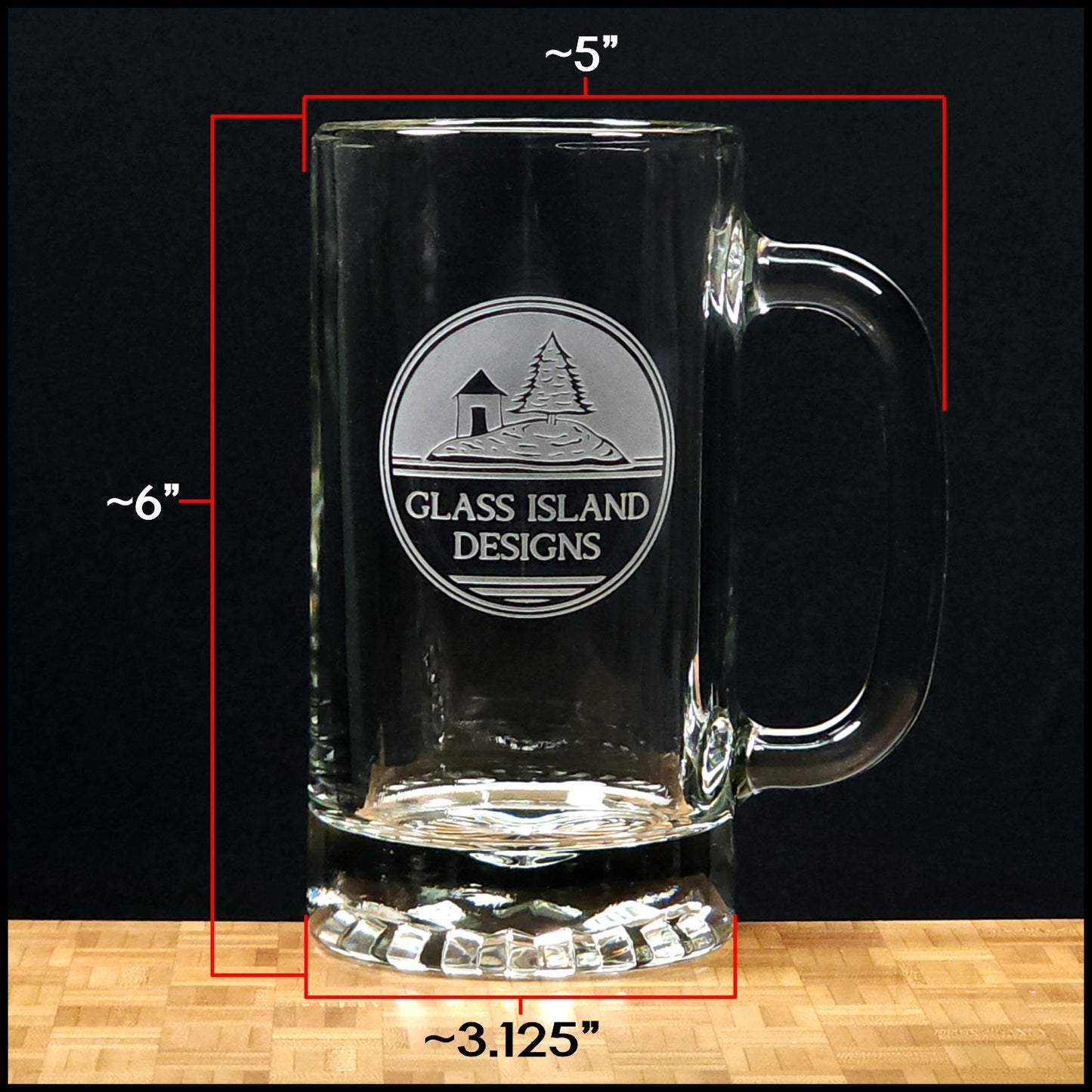 Beer Mug Measurements - approximate 3.125 inch diameter, 6 inches height, 5 inch width of glass from side to end of handle