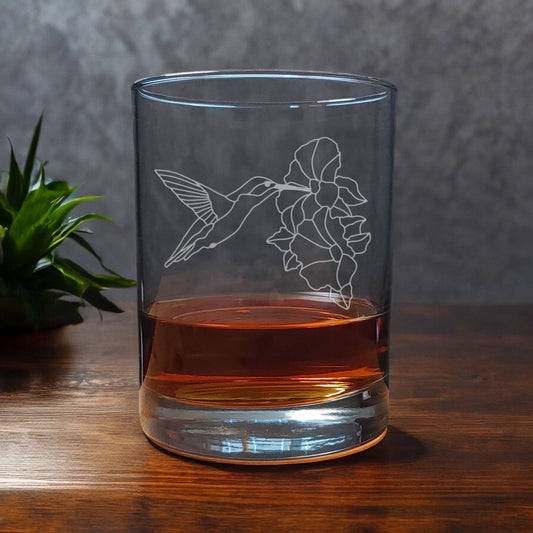 Hummingbird hovering by a hibiscus Etched 13oz Whiskey Glass - Copyright Hues in  Glass