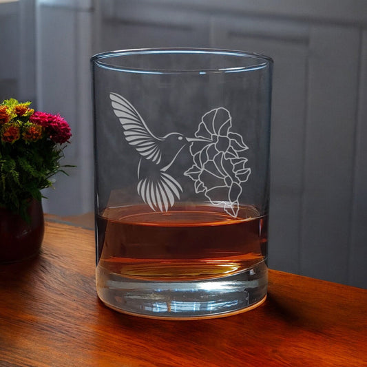 Hummingbird hovering by a hibiscus Etched 13oz Whiskey Glass - Copyright Hues in  Glass