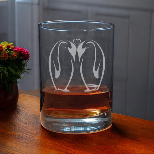 A pir of Kissing Penguins  13oz Whisky Glass -  Copyright Hues in Glass