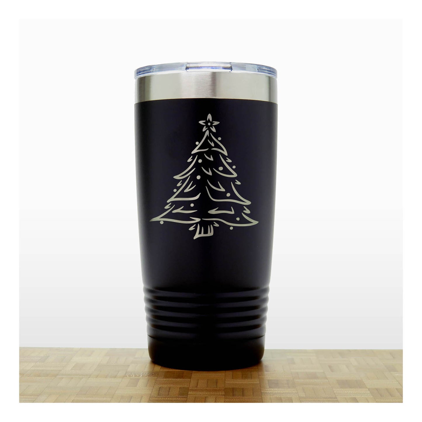 Black - Insulated Travel Mug with the design Christmas tree - Copyright Hues in Glass