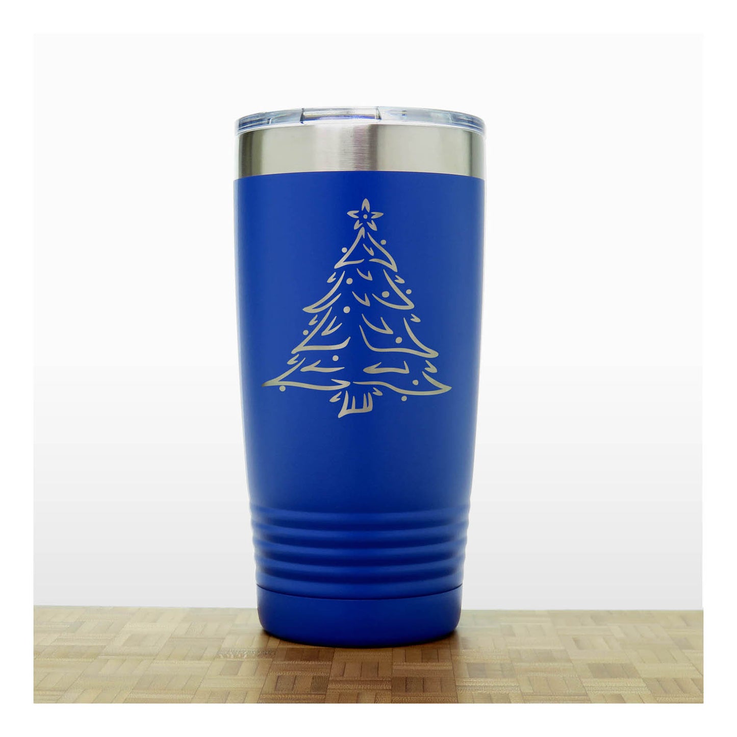 Blue - Insulated Travel Mug with the design Christmas tree - Copyright Hues in Glass