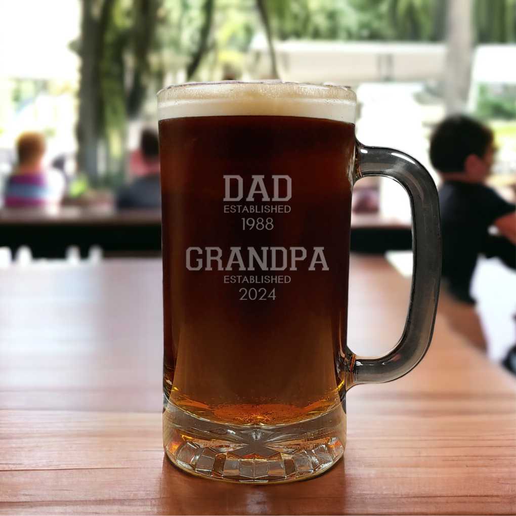 Beer mug with "DAD ESTABLISHED 1988 and GRANDPA ESTABLISHED 2024 sandblasted onto the front - copyright Hues in Glass