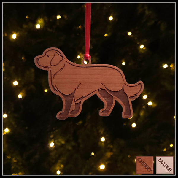 A Golden Retriever cherry wood veneer ornament, with the dog in profile. 