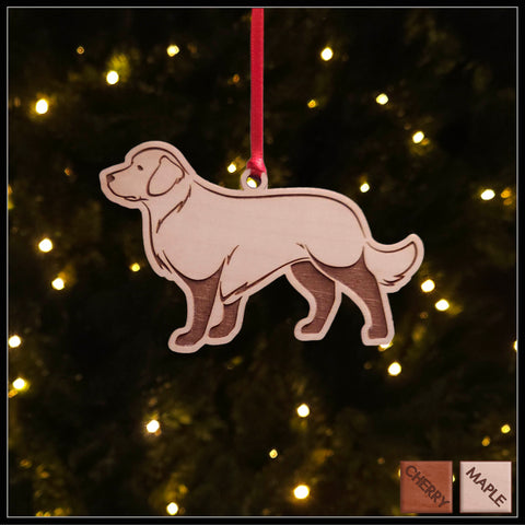 A Golden Retriever maple wood veneer ornament, with the dog in profile. 