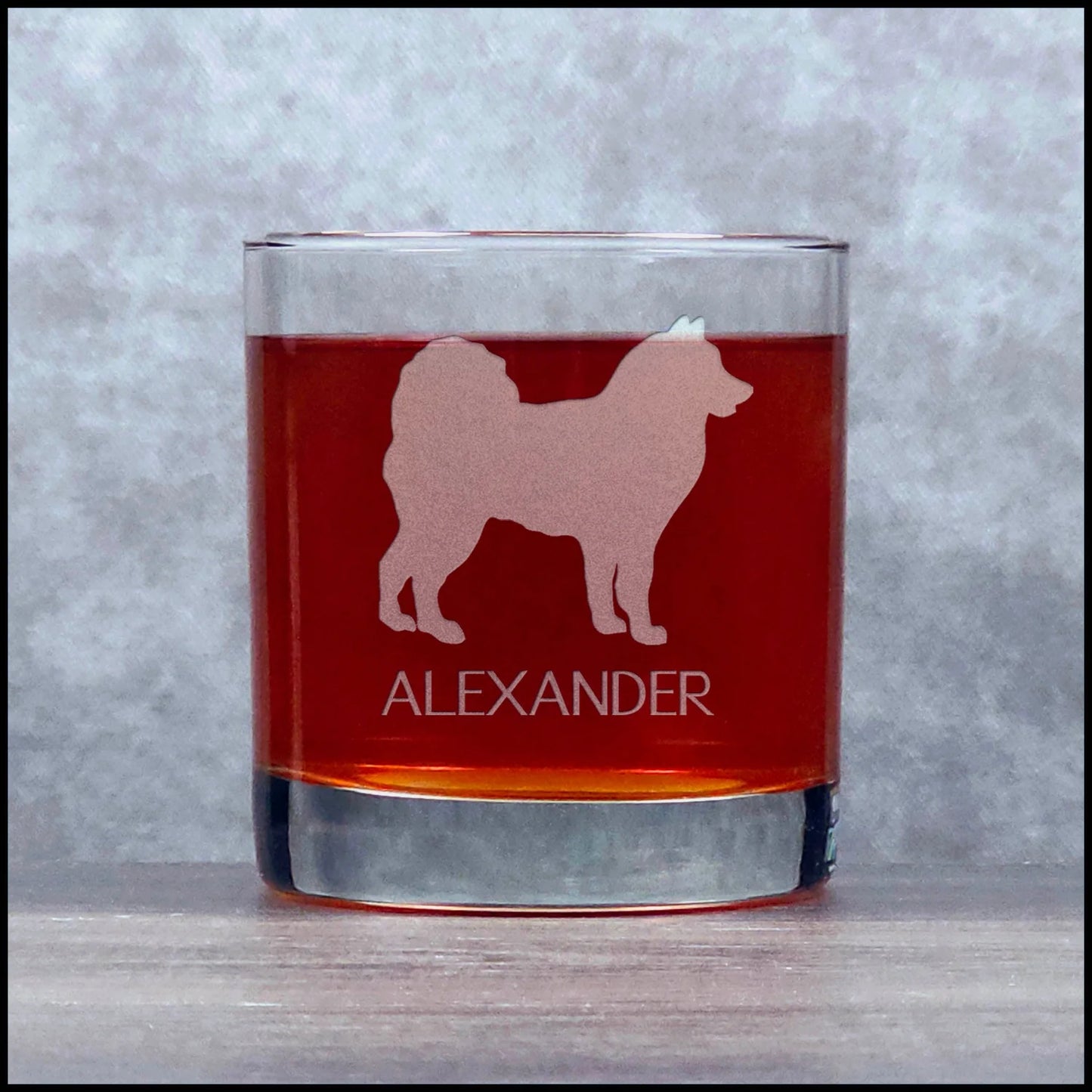 Alaskan Eskimo Whisky Glass - Sand Blasted glass with name - Copyright Hues in Glass