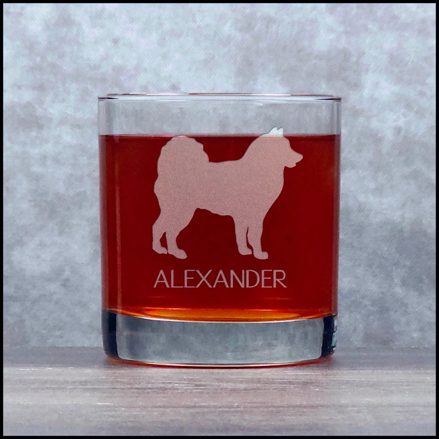 Alaskan Eskimo Whisky Glass - Sand Blasted glass with name - Copyright Hues in Glass