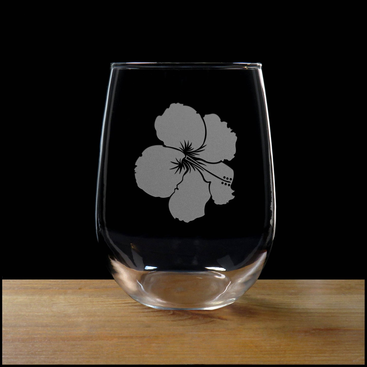 Hibiscus Stemless Wine Glass 17oz – Personalized Hand Etched Floral Etched Gift for Her, Birthday, Anniversary or Christmas