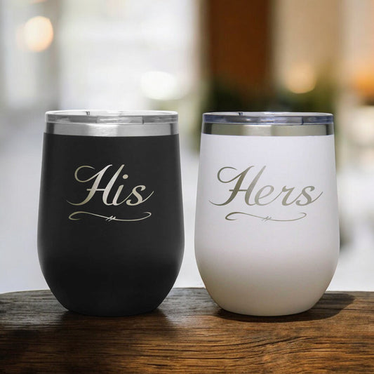 His and Hers Insulated 12 oz Stemless Wine Tumbler - Wedding Gift for Couple