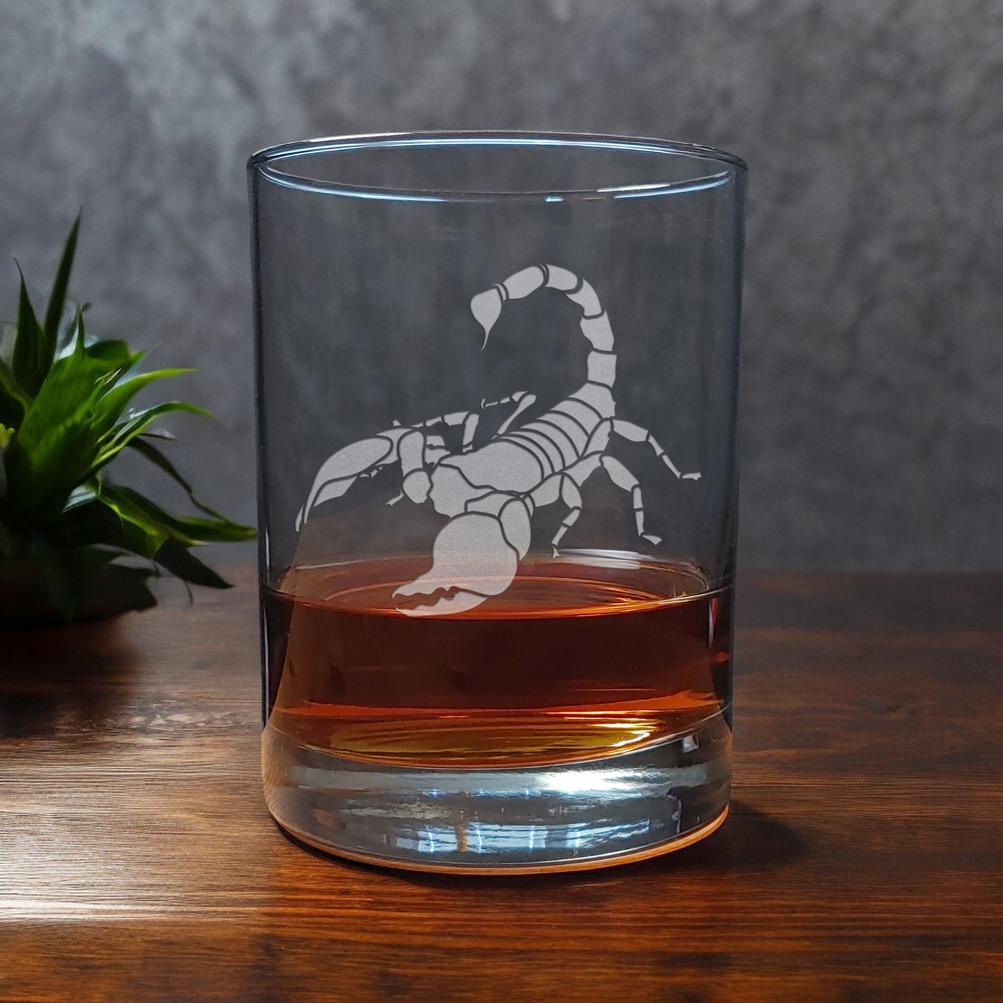 13oz Whisky Glass with a Scorpion  Design etched on to it - Copyright Hues in Glass