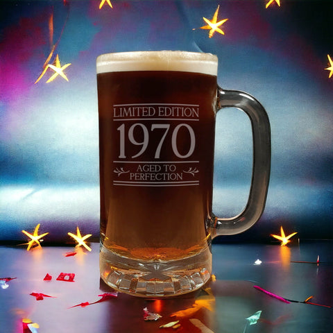 Aged to Perfection Birthday 16oz Beer Glass with Handle - Limited Edition Deeply Etched Beer Mug