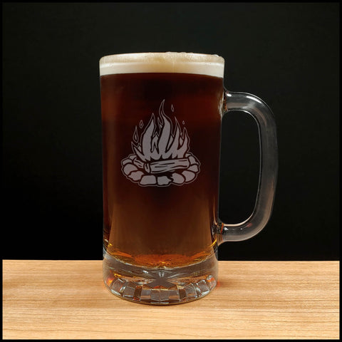 16oz Beer Mug with a design of Camp Fire - Dark Beer - Copyright Hues in Glass