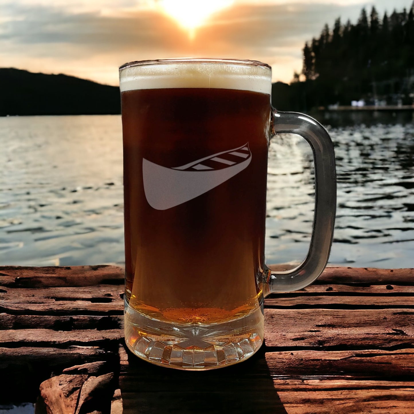 Canoe 16oz Beer Glass with Handle - Deeply Etched Beer Mug for a Canoeist
