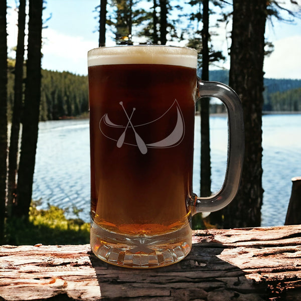 Canoe and Paddles 16oz Beer Glass with Handle - Deeply Etched Beer Mug for a Canoeist