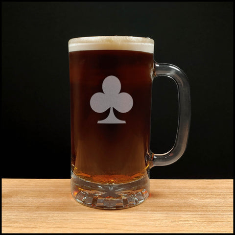 16oz Beer Mug with a design of Clubs - one of the four playing card suits - Dark Beer - Copyright Hues in Glass