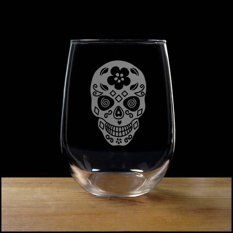 Stemless Wine Glass with the image of a Sugar Skull - Copyright Hues in Glass