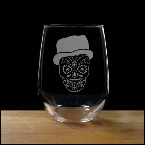 Stemless Wine Glass with the image of a Sugar Skull  with hat - Copyright Hues in Glass