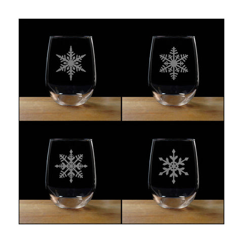 Set of 4 Snowflake Glasses - each one a with a different snowflake design - copyright Hues in Glasss 