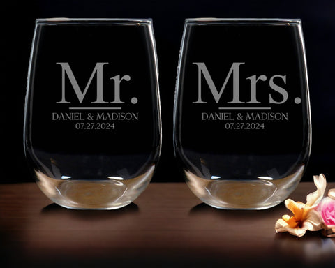 Mr. and Mrs. Stemless Wine Glass - Copyright Hues in Glass